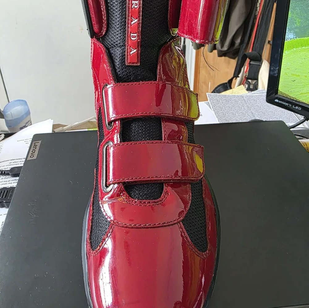 Prada Red and Black High-Top Sneakers with Velcro Straps - Picture 8 of 8